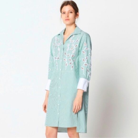 Sandro Women Lobna Striped Botanical-Lace Inset Shirt Dress 4 or 36 Quiet Luxury - Picture 1 of 10
